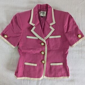 VTG Kasper for ASL Petite Pink Blazer Short Sleeve White Trim Gold Button Jacket